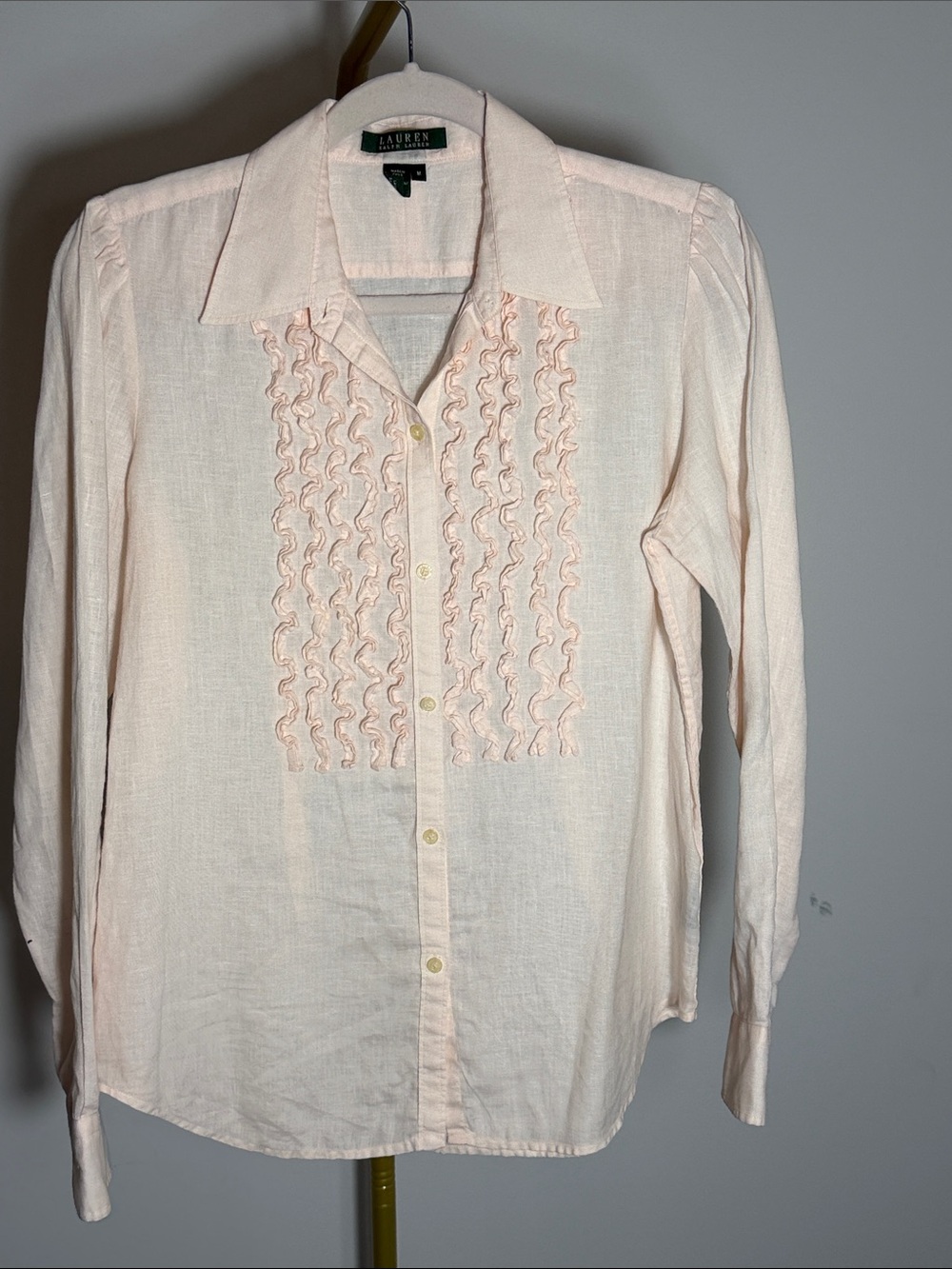 Lauren Ralph Lauren Pink Linen Ruffle Tuxedo Shirt Blouse Medium